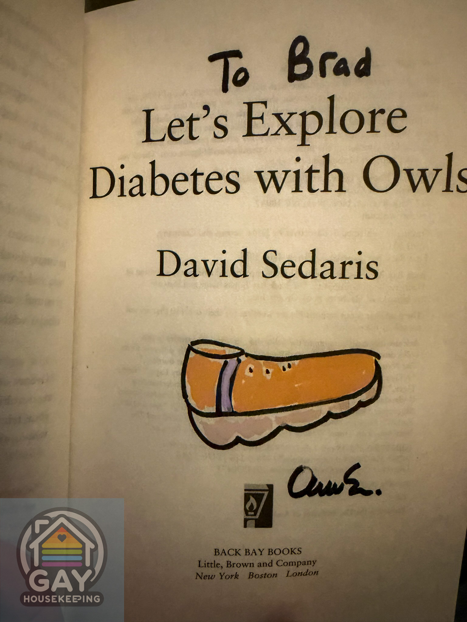 The title page of Let's Explore Diabetes with Owls, inscribed "To Brad" and signed by David Sedaris with a drawing of an orange sneaker.
